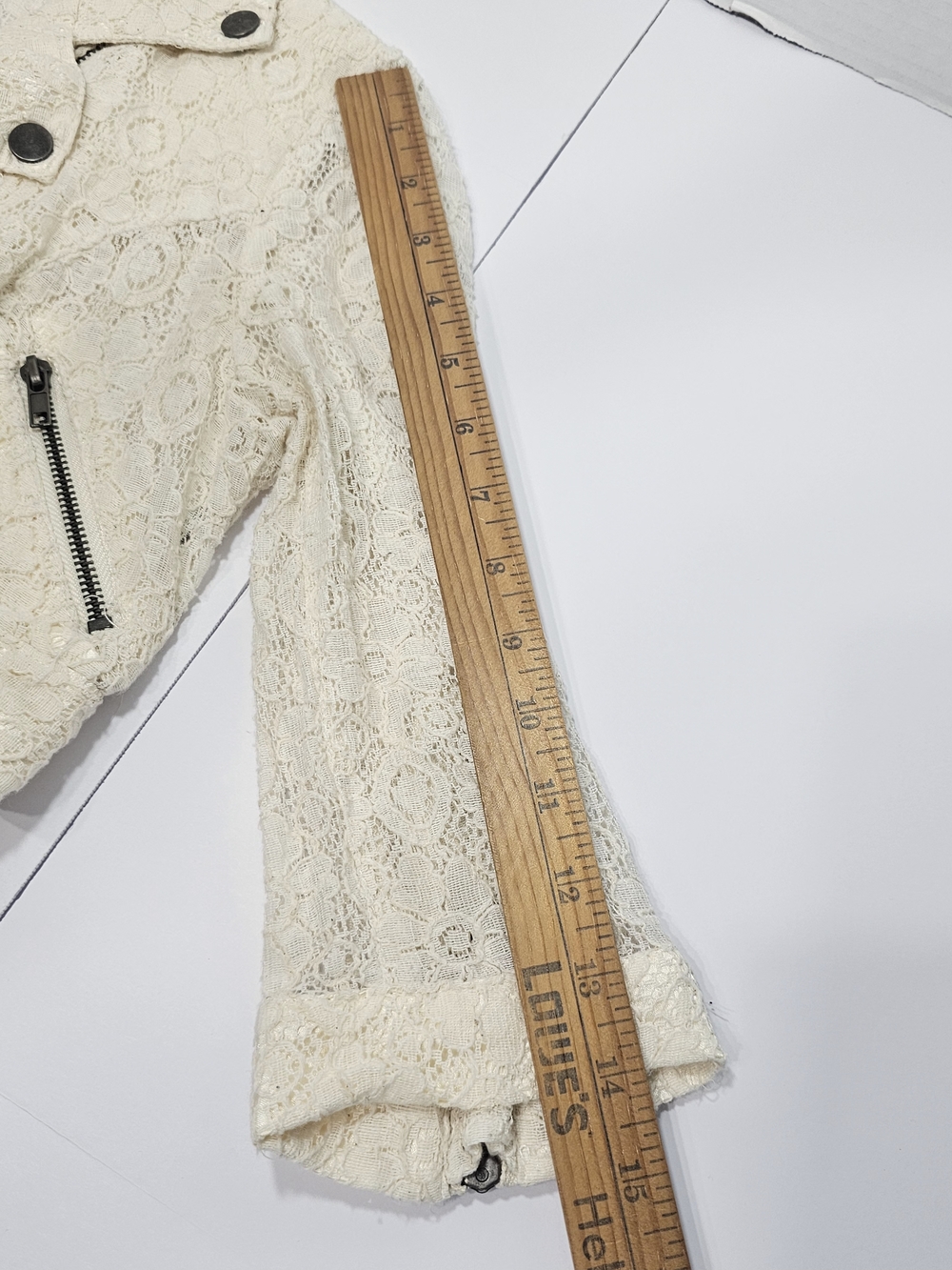 Y2K Dani Ivory Lace Moto Jacket Women's Sz  M Cropped 3/4 Sleeve Biker Boho Chic - Picture 9 of 15